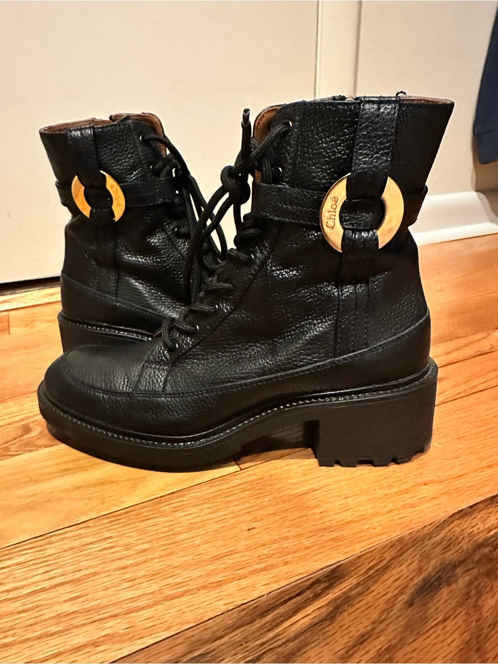 Chloe Black Leather Lace-Up Platform Combat Boots